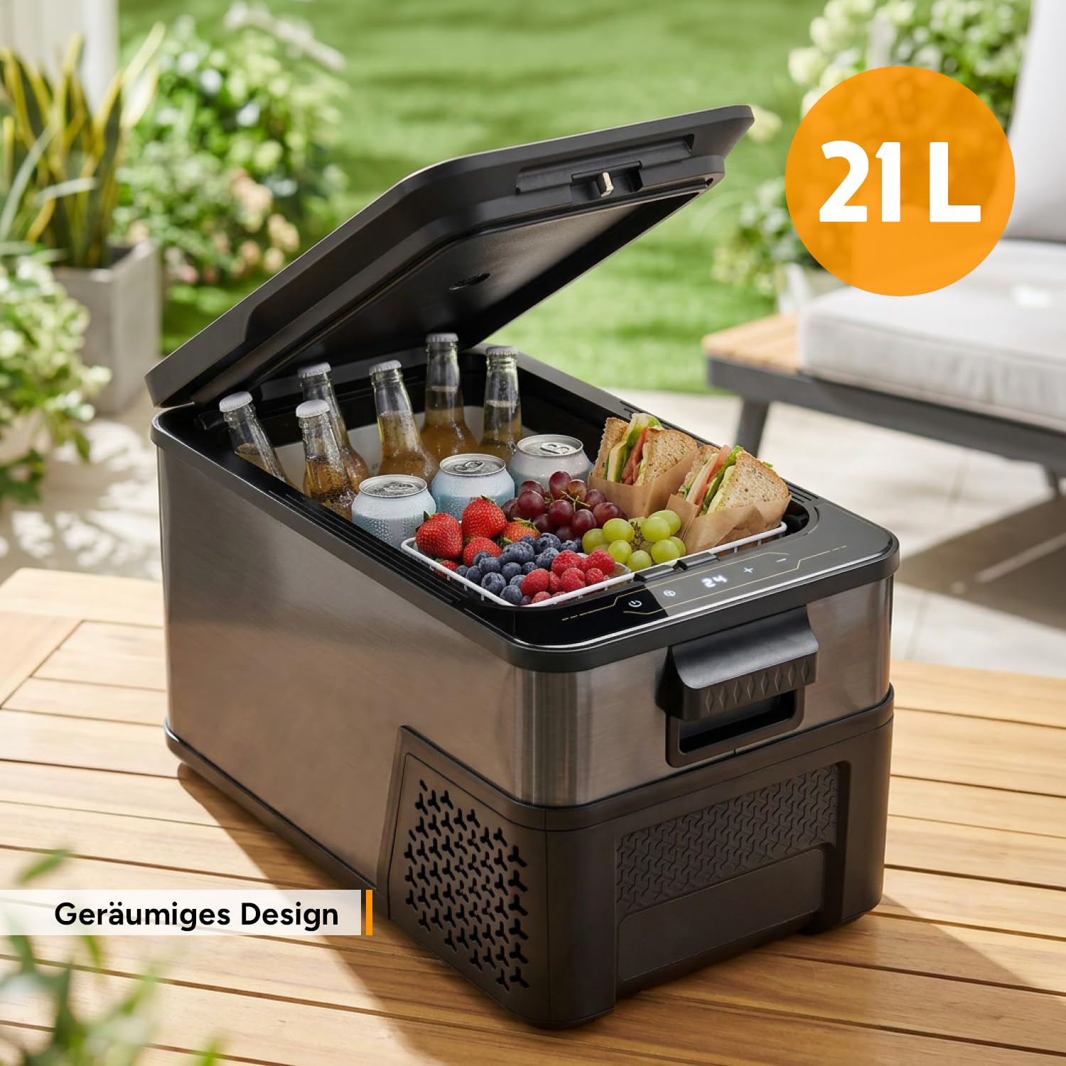TZS First Austria Kompressor-Kühlbox 21L - bis -20°C - 46 dB - 12V 24V 230V - Anti-Fingerprint - für Auto Camping Reise - Dark Steel