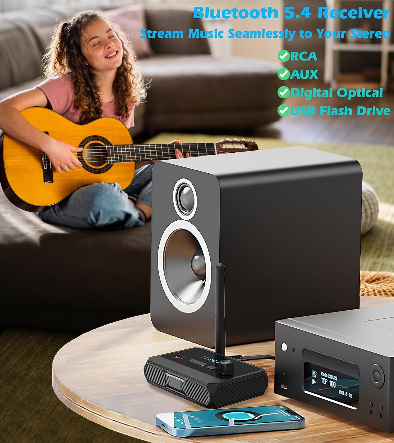 KAIY Bluetooth 5.4 Receiver for Home Stereo, Optical Low Latency | HD Music Audio Bluetooth to RCA Adapter for Stereo/Speakers/Wired Speakers, AUX Wireless Audio Receiver for Home Audio 3 71MbL 5VMGL. AC SL1500