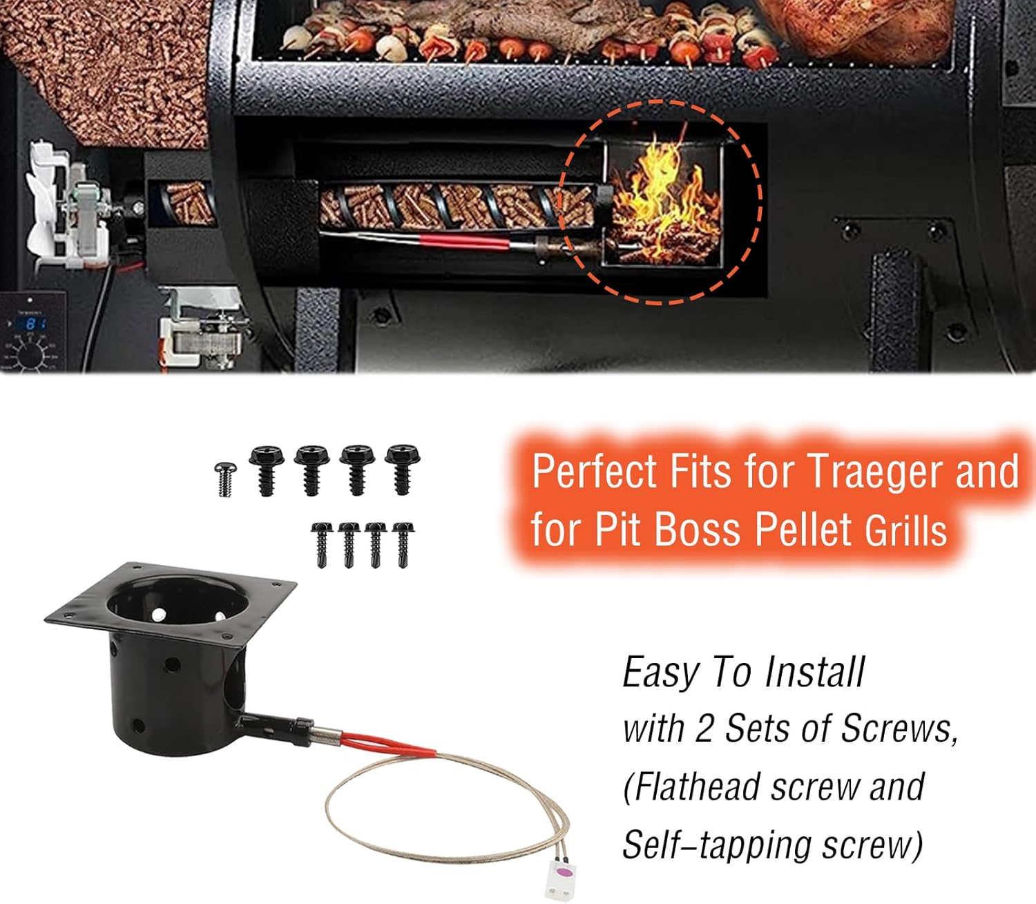 Heavy Duty Steel Porcelain-Enameled Fire Burn Pot and Hot Rod Ignitor Kit Replacement Parts for Traeger & Pit Boss Wood Pellet Grill, Igniter Ignition BBQ Part