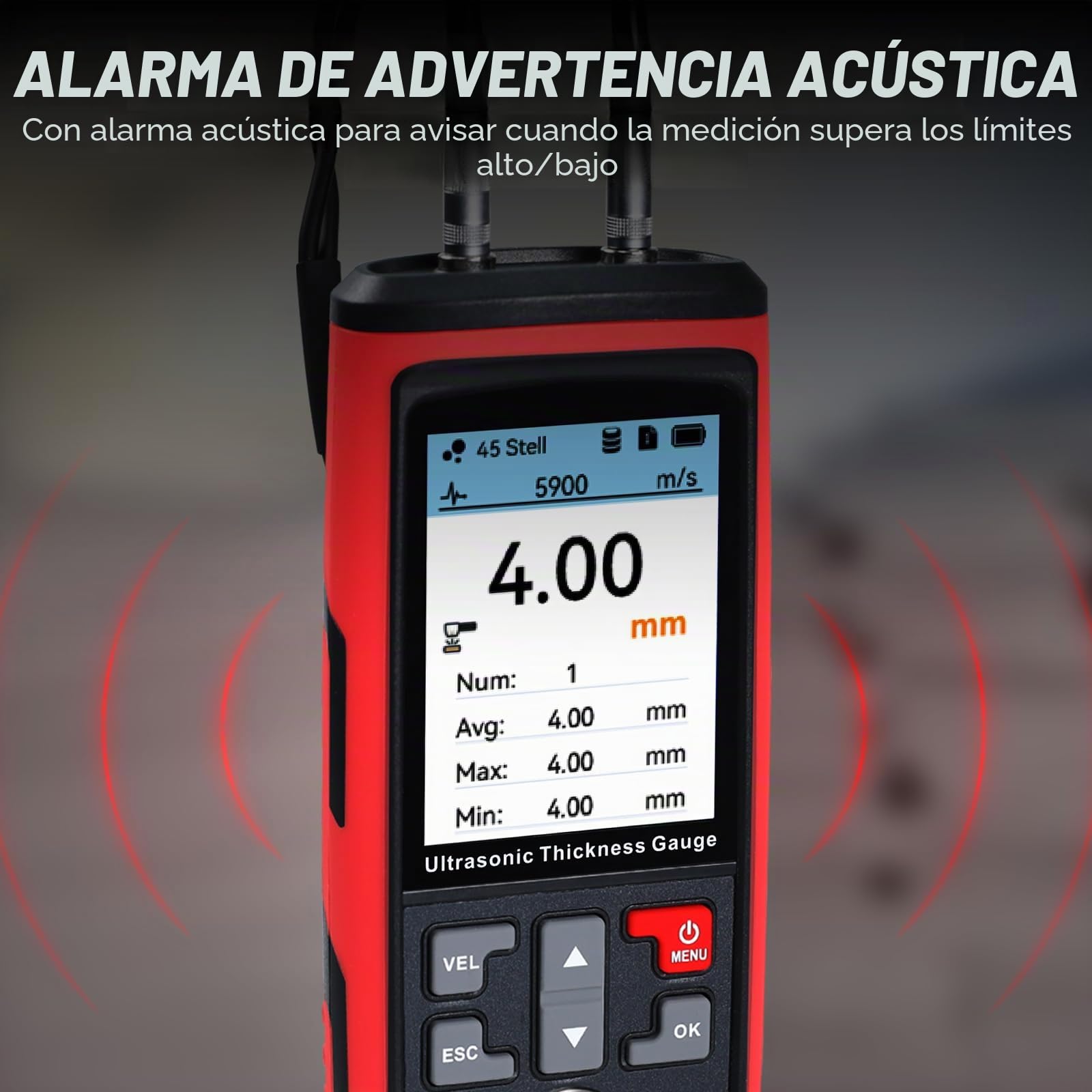 Medidor de espesor ultrasónico de 1.00-300.0 mm, rango de medición de alta precisión, retroiluminación LCD, 1500 datos, velocidades de sonido personalizables para medir metal, acero, cerámica,