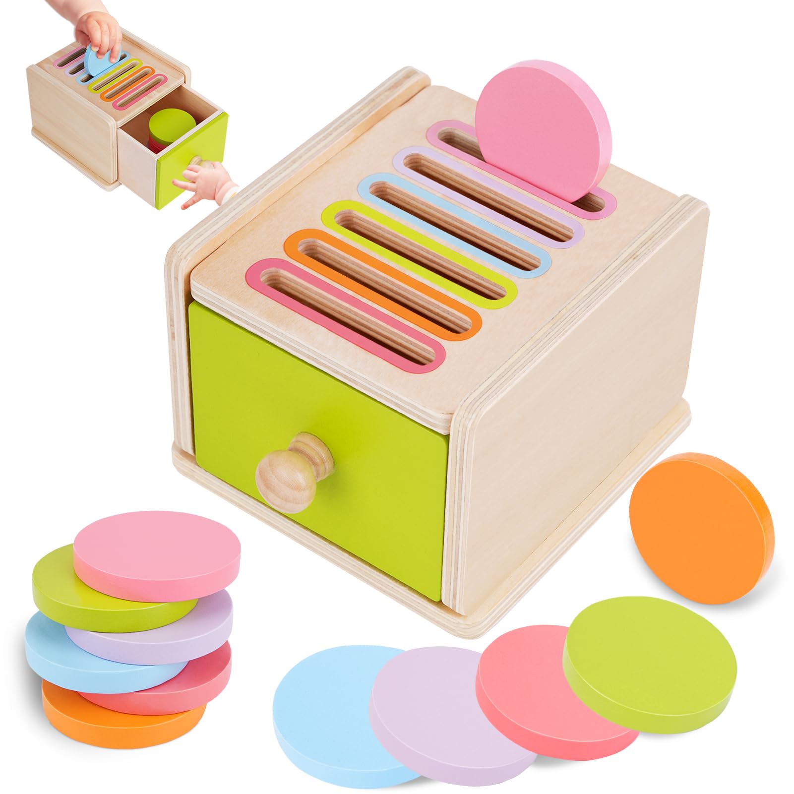FCSONU Toddlers Montessori Coin Box Toys for 1 2 3 Year Old, Wooden Baby Toys for Toddlers 1-3, Color Sorting & Stacking Sensory Toys for Ages 2-4 Kids, Easter Birthday for Girls Boys