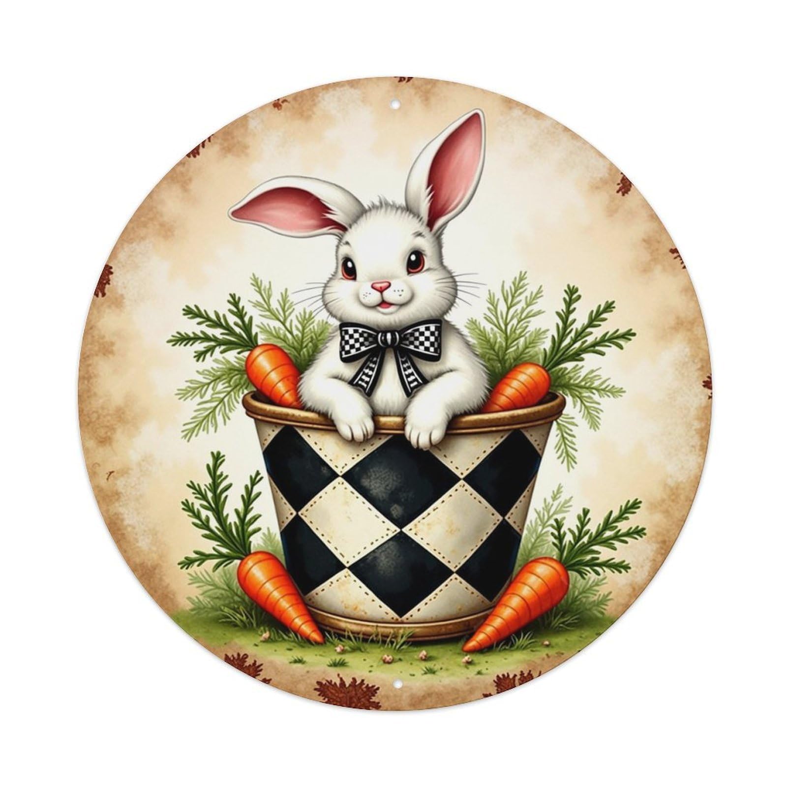 Iageret Vintage Bunny Carrot Basket Checkered Green Round Metal Tin Sign Wall Decor, Bar Garage Cafe Kitchen Home Wall Art Poster 8X8inches