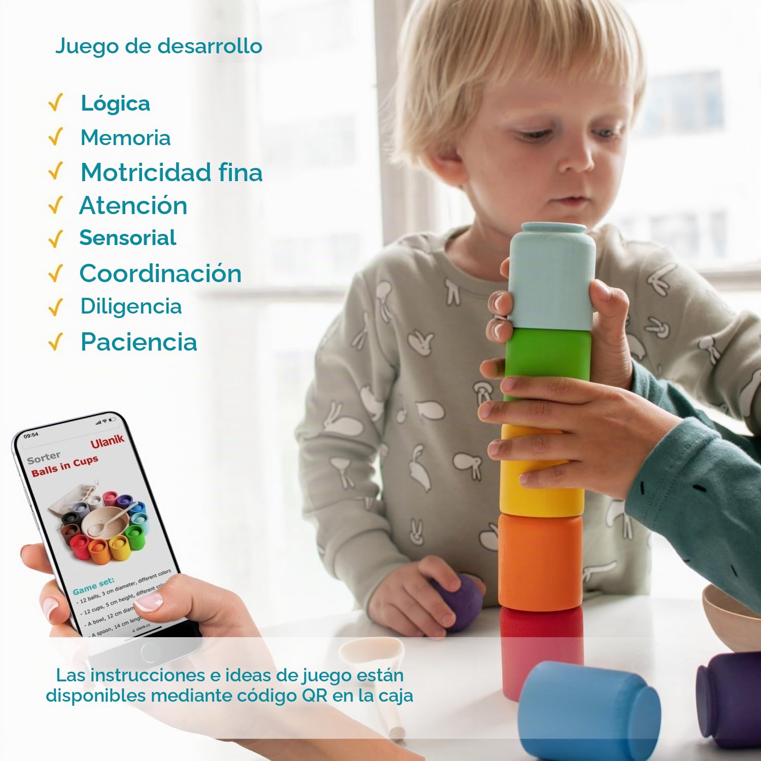 Ulanik Bolas en Vasos Set Completo Juguete Montessori 1 Año | Set abierto de clasificación en madera; 12 colores claros; bandeja y bolsa para guardar