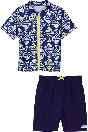 SwimZip Baby Boy Zipper Short Sleeve Rash Guard Swimsuit Set Fish Bone Blue