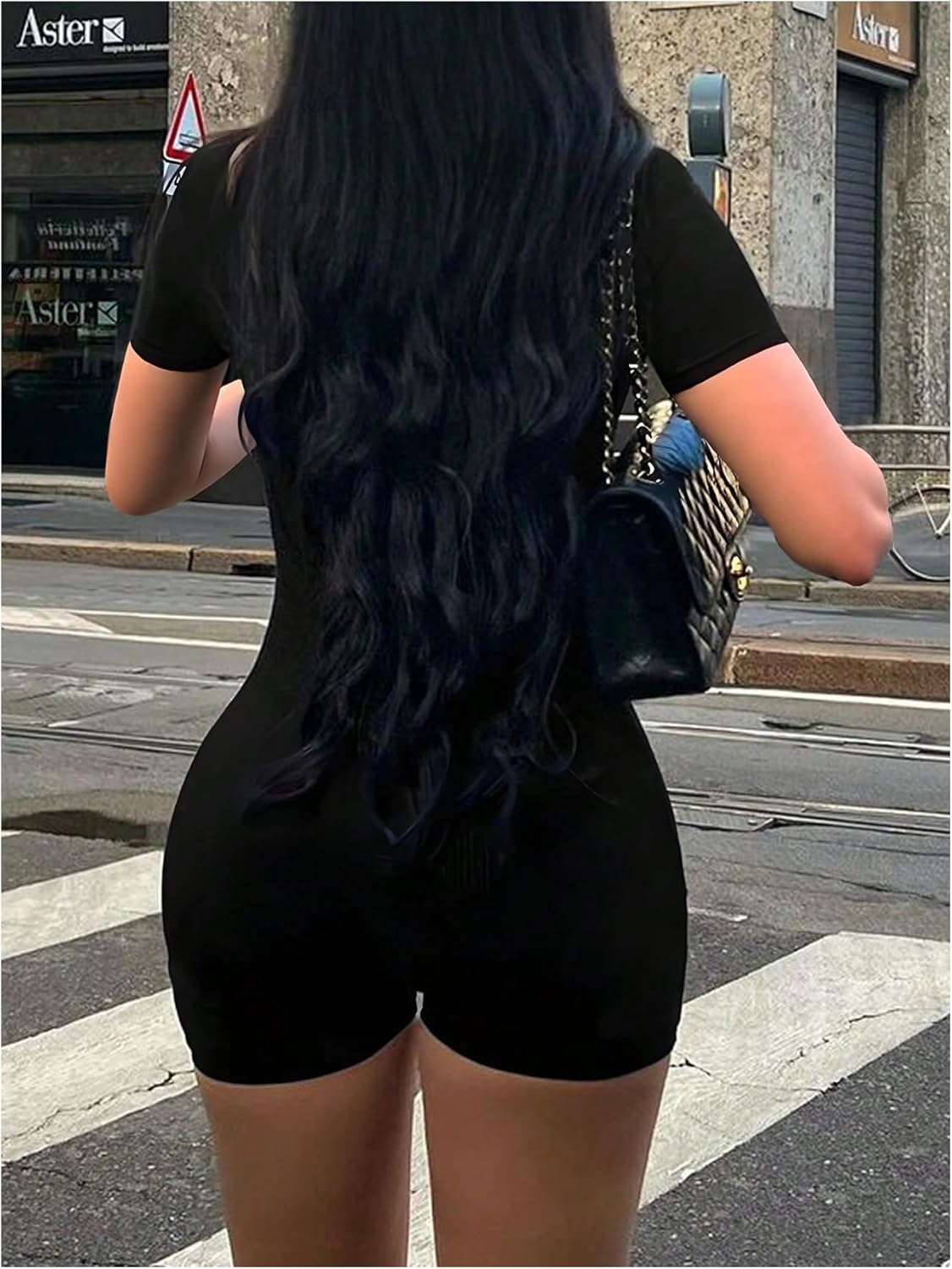 WDIRARA Women's Workout Yoga Bodycon Romper Short Sleeve Scoop Neck Shorts Jumpsuit - Image 3