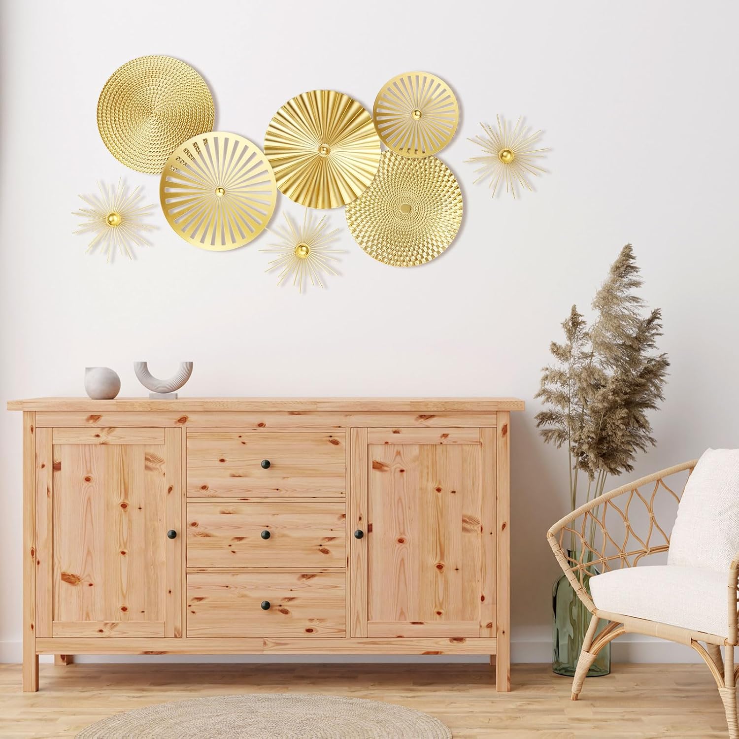 8 Pcs Gold Wall Decor Modern Metal Decor Metal Starbursts Radial Plate Art Hanging Decorative Wall Decorations for Home Bedroom Bathroom Living Room Office Sculpture(Gold)