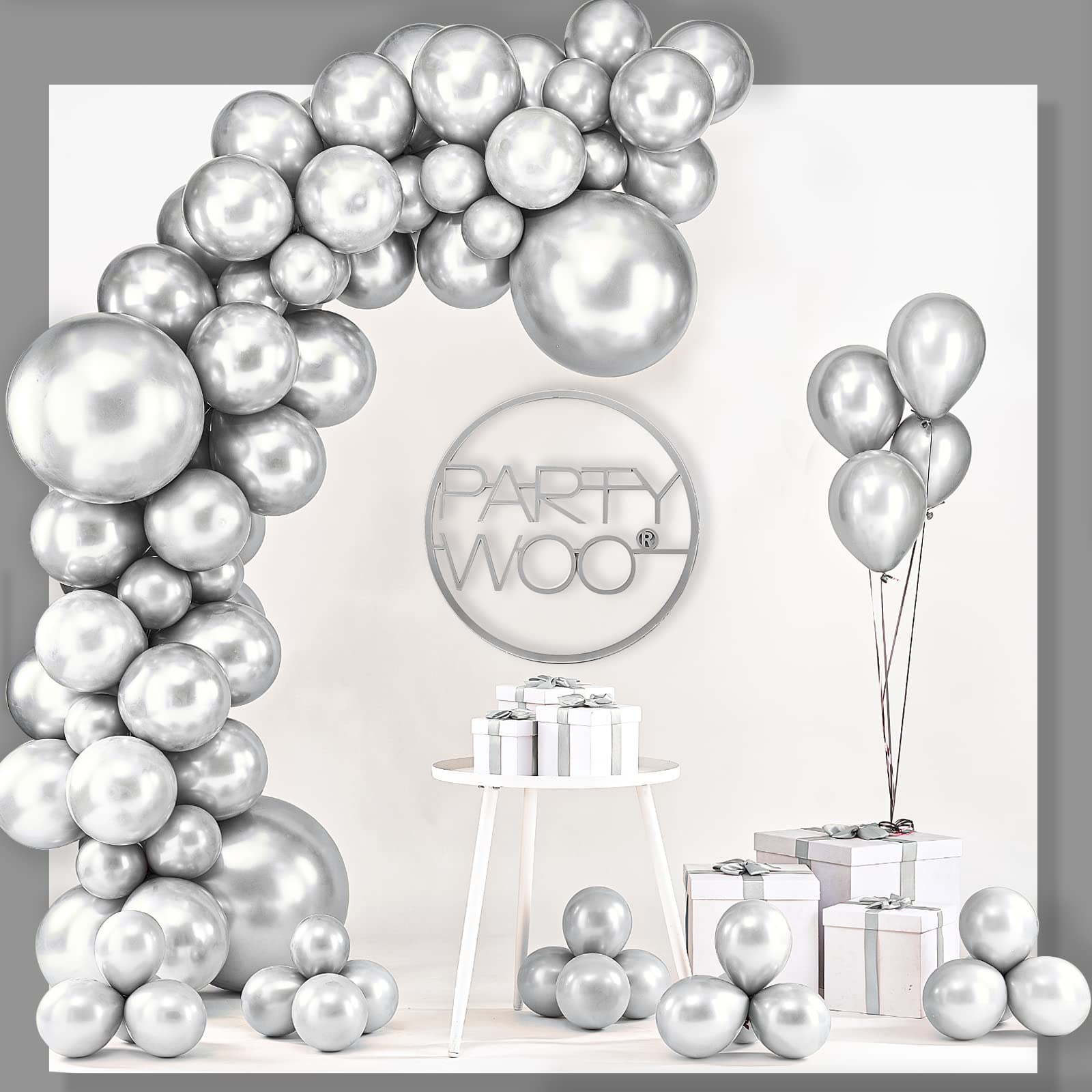 PartyWoo Metallic Silver & Burgundy Balloons - 170 Pcs Mixed Sizes For Garland Arch