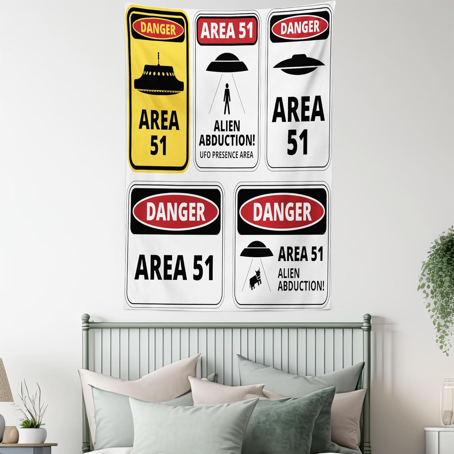 Lunarable Outer Space Tapestry, Comic Alien Abduction Signs Composition Area 51 Ufo Presence Fantasy Concept, Fabric Wall Hanging Decor for Bedroom Living Room Dorm, 23" X 28", Black Red 23" X 28" Black Red