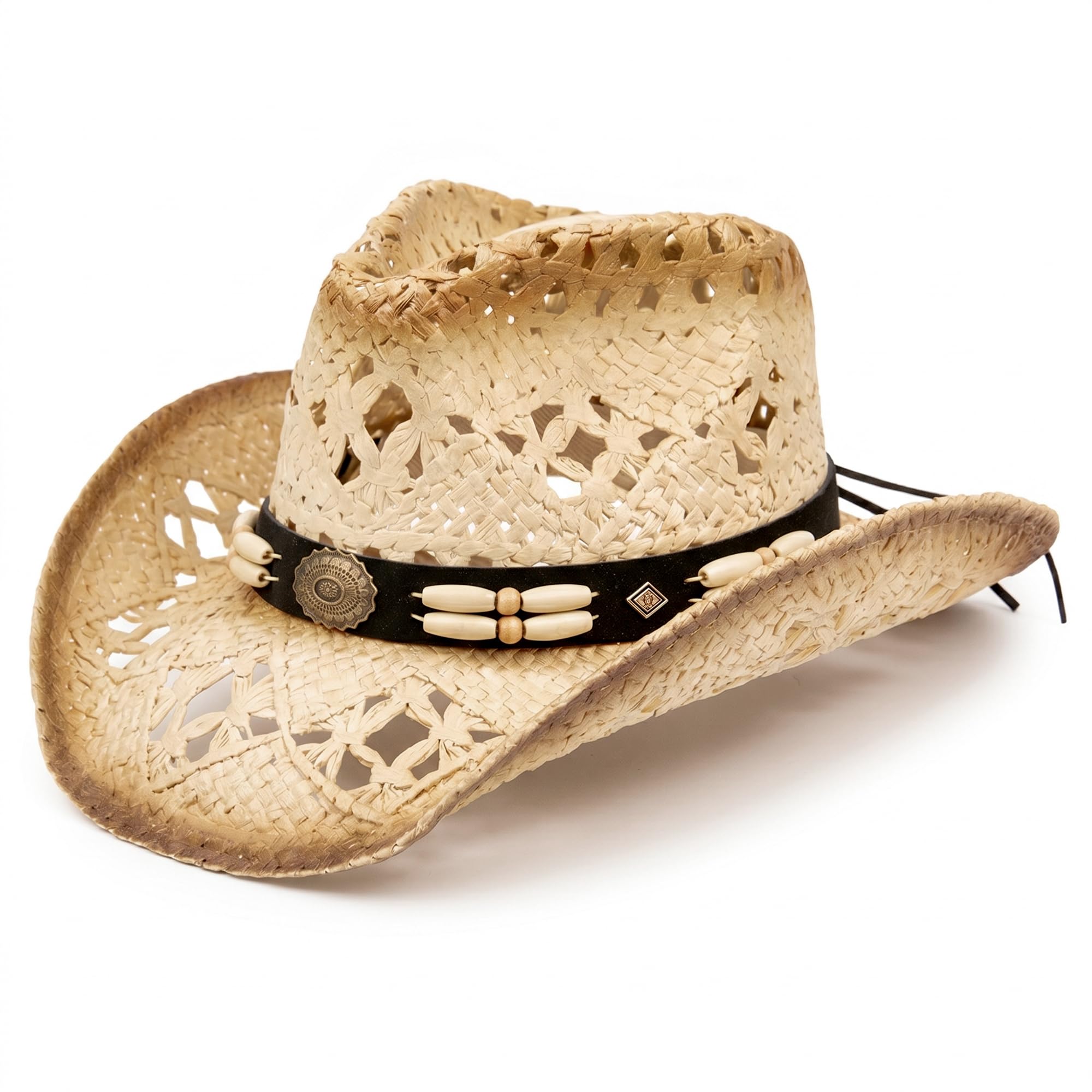 TOVOSO Straw Cowboy Hat for Women and Men with Shape-It Brim, Western Cowboy Hat, Beads - Tea Stain, One Size