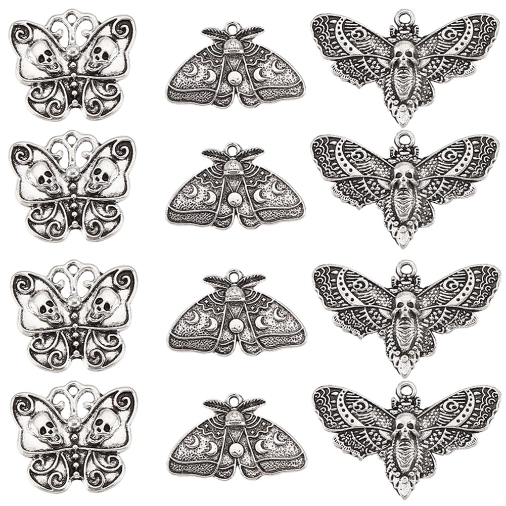 SUNNYCLUE 1 Box 24Pcs Moth Charms Halloween Antique Silver Skull Charms Gothic Style Moon Phase Moth Insect Charm Butterfly Skeleton Head Horror Charm for jewellery Making Charms DIY Craft Supplies