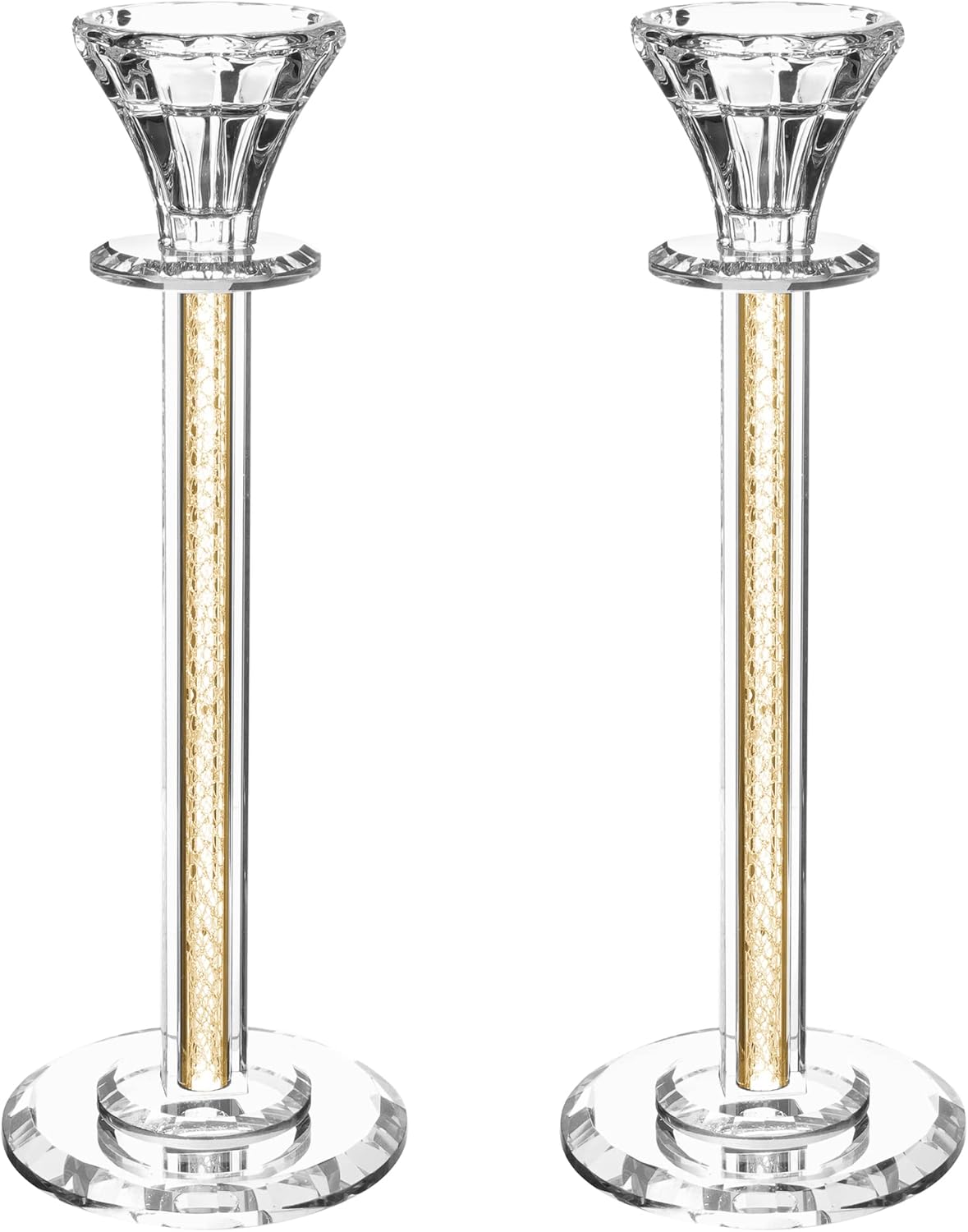 Crystal Candle Holders Set of 2-10.2" Tall Crystal Candlestick Holders with Gold Netting & Mirror Base - Decorative Centerpiece for Taper Candles and Tea Light Candles (Gold)