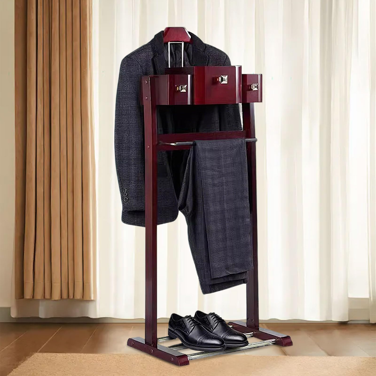 Valet de valet pour homme en bois massif avec barre de pantalon et large cintre d'épaule – Solution de rangement parfaite pour chambre à coucher, entrée ou placard – Élégant et fonctionnel