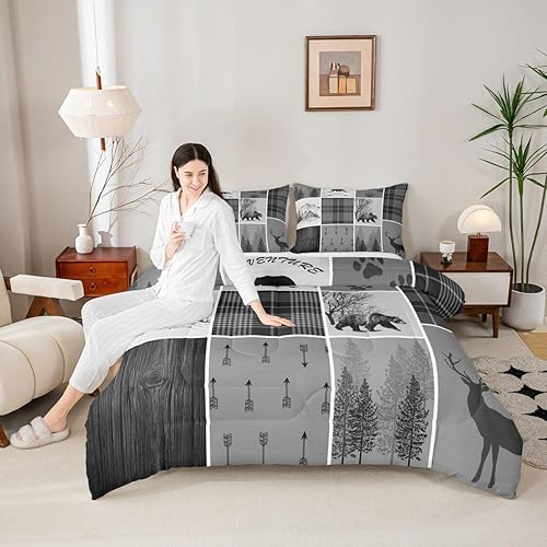 Manfei Juego de edredón con estampado de ciervo, tamaño Queen, estilo rústico, oso salvaje, regalo de cumpleaños, juego de edredón para decoración