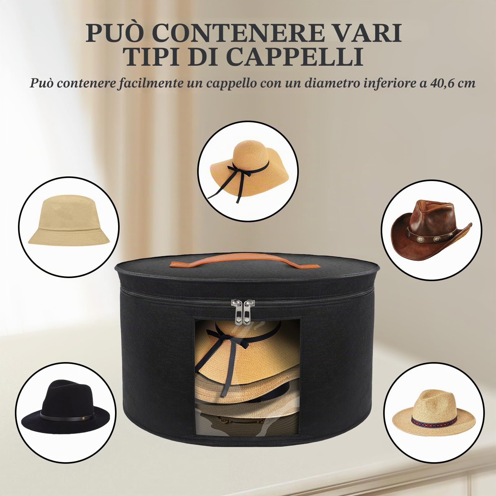 Scatola Cappelli Feltro Scatola per Cappelli in Feltro con Coperchio 43 CM x 25 CM Contenitore Rotondo per Cappello per Uomo e Donna Portaberretti da Viaggio Organizzazione Armadio