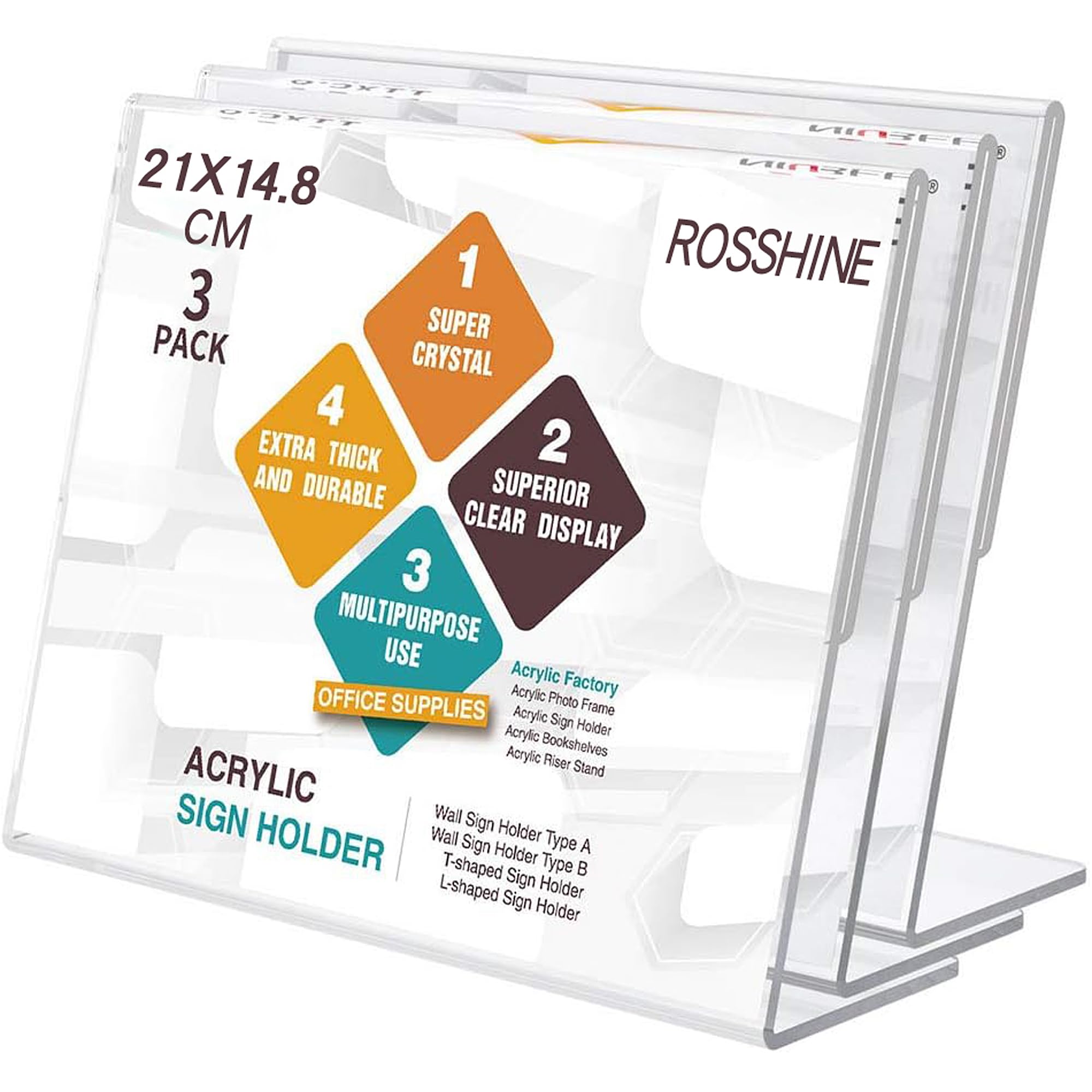 ROSSHINE A5 Menu Holders, 3pack Horizontal Slant Back Acrylic Sign Holder, A5 Clear Poster Holder Perspex Display Stand for Office School Home Restaurant