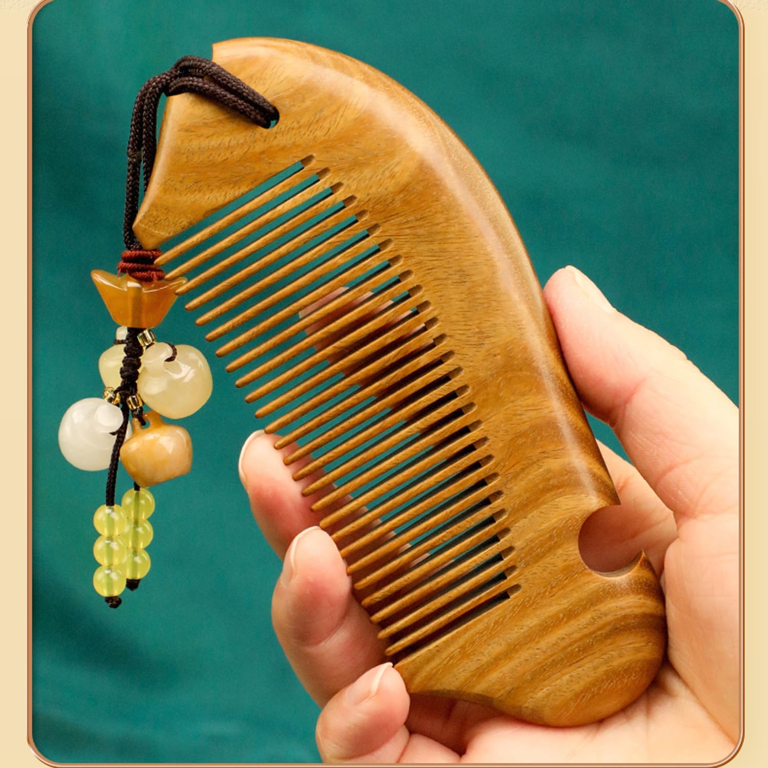Peine portátil para el Cabello, Peine de Madera de sándalo Verde de Dientes Finos antiestático, peines de Madera Hechos a Mano para desenredar el Cabello (CA)