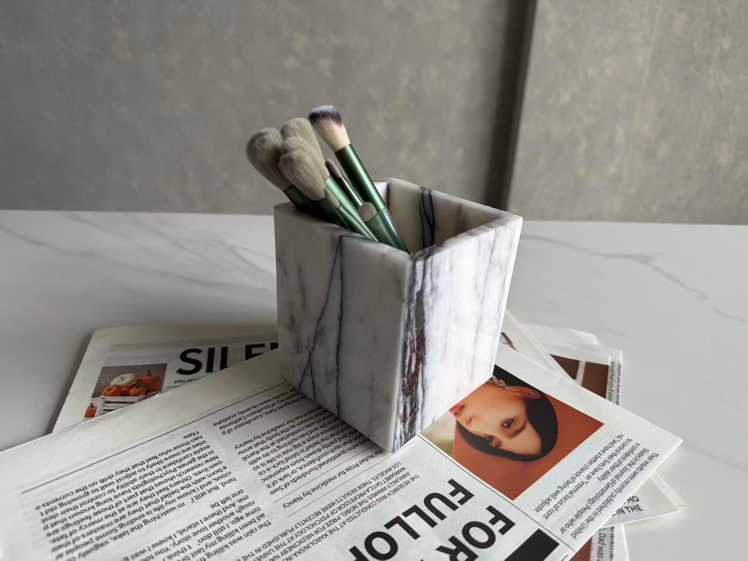 Carrara-Inspired Marble Bathroom Organizer Set, Makeup Brush Holder, Stone Countertop Tray for Shower Without Candle