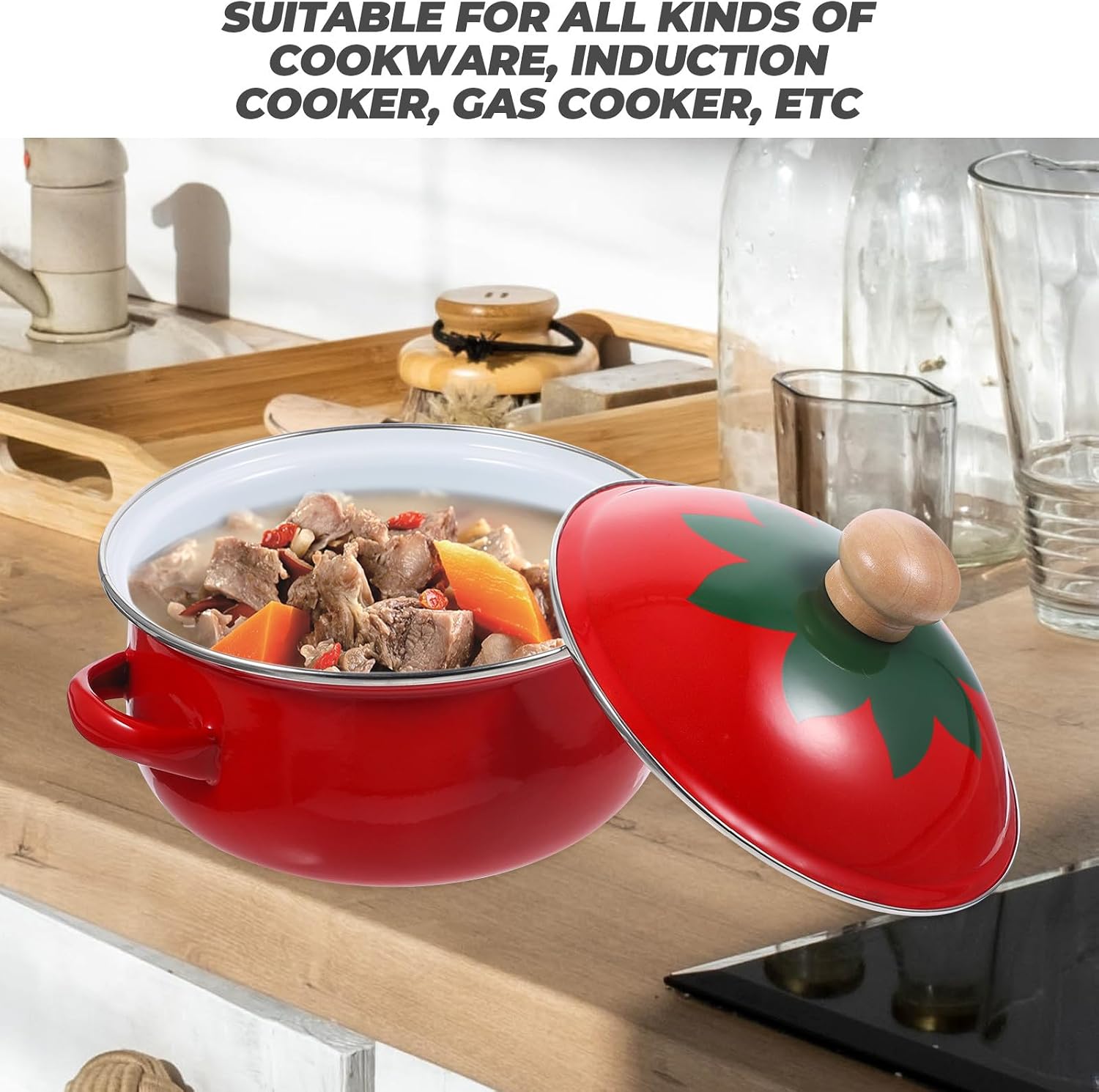 Mipcase Enamel Double-handle Cooking Pot 18cm Two-handle Stockpot with Lid Household Simmering Soup Pan Suitable for Stove and Kitchen Use