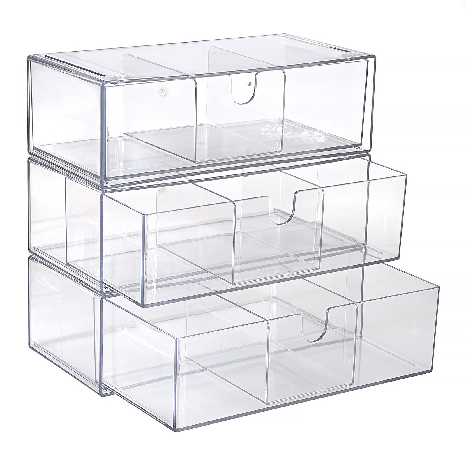 Hipiwe Acrylic Storage Drawers 3-Tier Stackable Bathroom Makeup Organizer Cotton Swabs Qtip Holder for Vanity Cosmetics Clear Desktop Organizer with