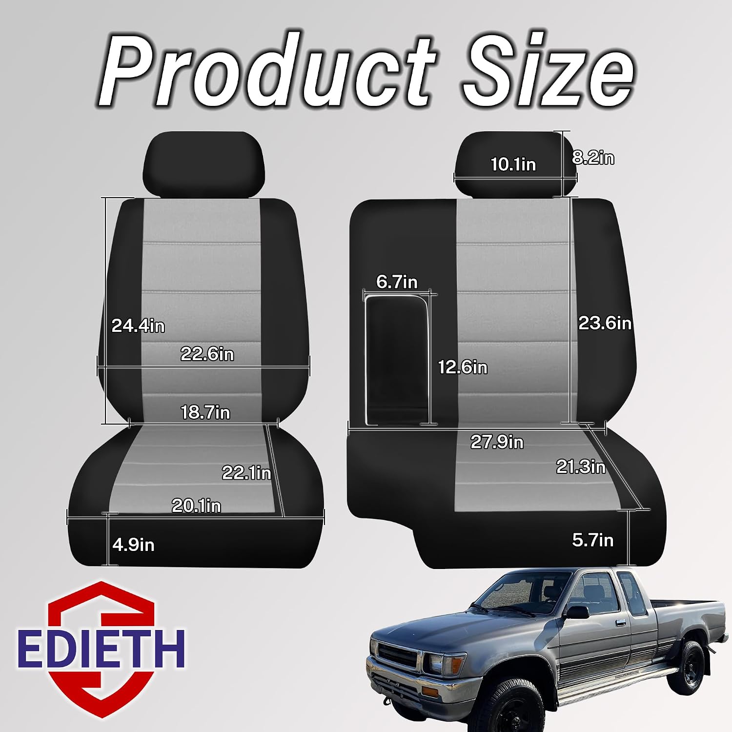 60/40 Split Bench Seat Cover with Thick Padding, Adjustable Headrest & Armrest Access for Toyota Pickup 1989-1994, Front Row Durable Automotive Fabric Protector - Gray