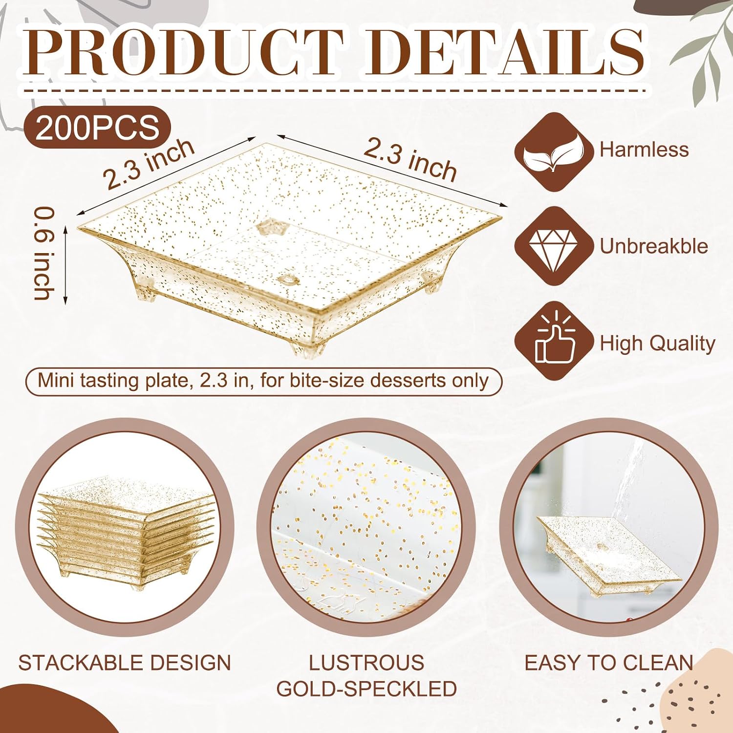 200 Pcs Small Square Gold Glitter Dessert Plates 2.3 Inch Mini Plastic Appetizer Plates Square Party Salad Tasting Sample Bowls for Weddings, Parties, Banquet Dinner, Family Gatherings