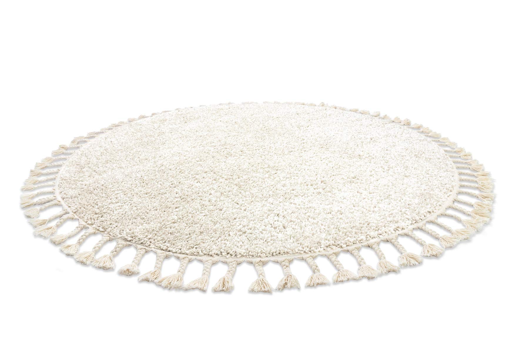 rugsx Tappeto Shaggy BERBER 9000 tinta unita con frange, stile boho, soggiorno camera, cerchio crema 120 cm