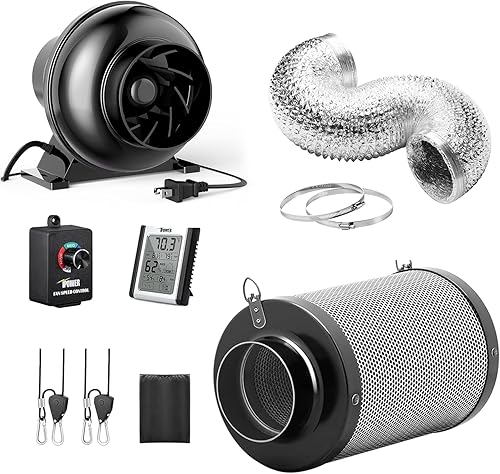 iPower Ventilador en línea de 4 pulgadas 195 CFM, filtro de carbono de aire mejorado, conductos de 8 pies, controlador de velocidad, colgador de