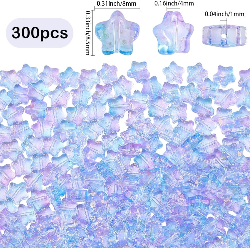 1 Box 300PCS Star Glass Beads with Glitter Powders Blue Purple Crystal Clear Spray Painted Transparent Spacer Loose Pony Bead Charm for Jewelry Making Bracelets Earrings DIY Craft Supply - Image 2