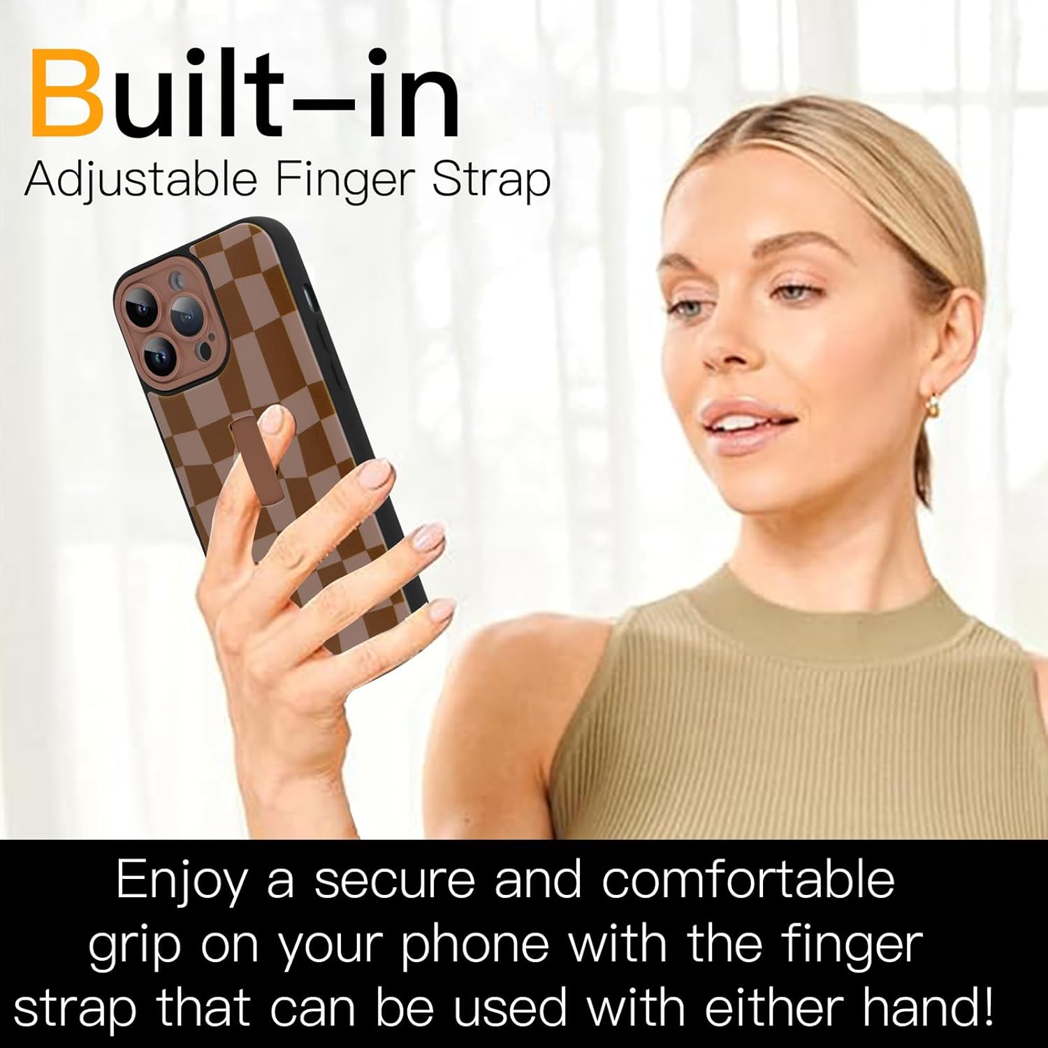 SOKAD for iPhone 14 Pro Case with Finger Strap Kickstand, Cute Checkered Checkerboard Phone Case with Finger Hand for Women Men, Slim Full Camera Protection Shockproof Case Cover, Brown - Image 2