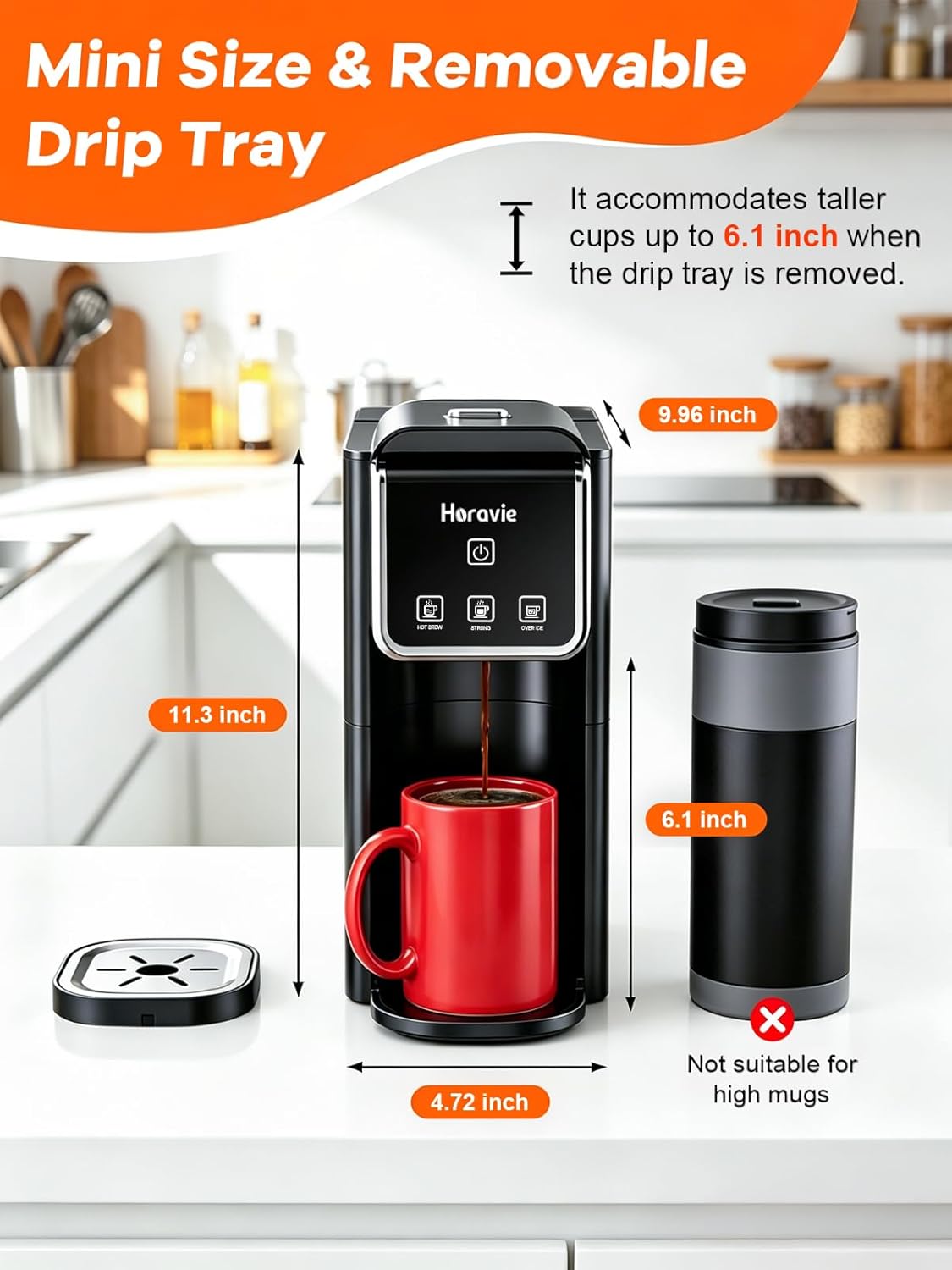 Horavie Mini Single Serve Coffee Maker, Hot & Iced Coffee Maker for K-Pod and Grounds, 6-12 oz Brew Sizes One Cup Coffee Machine, Strong Brew Setting, Black