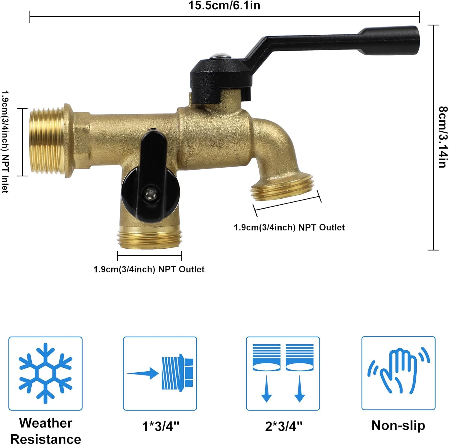 Outdoor Double Taps Water Faucet, Wall Mounted Garden Two 3/4 inch Brass Ball Valves Water Tap Splitter, Frost-Proof Outside Spigot Replacement with 2 Outlets for Home, Balcony, Hose Connector