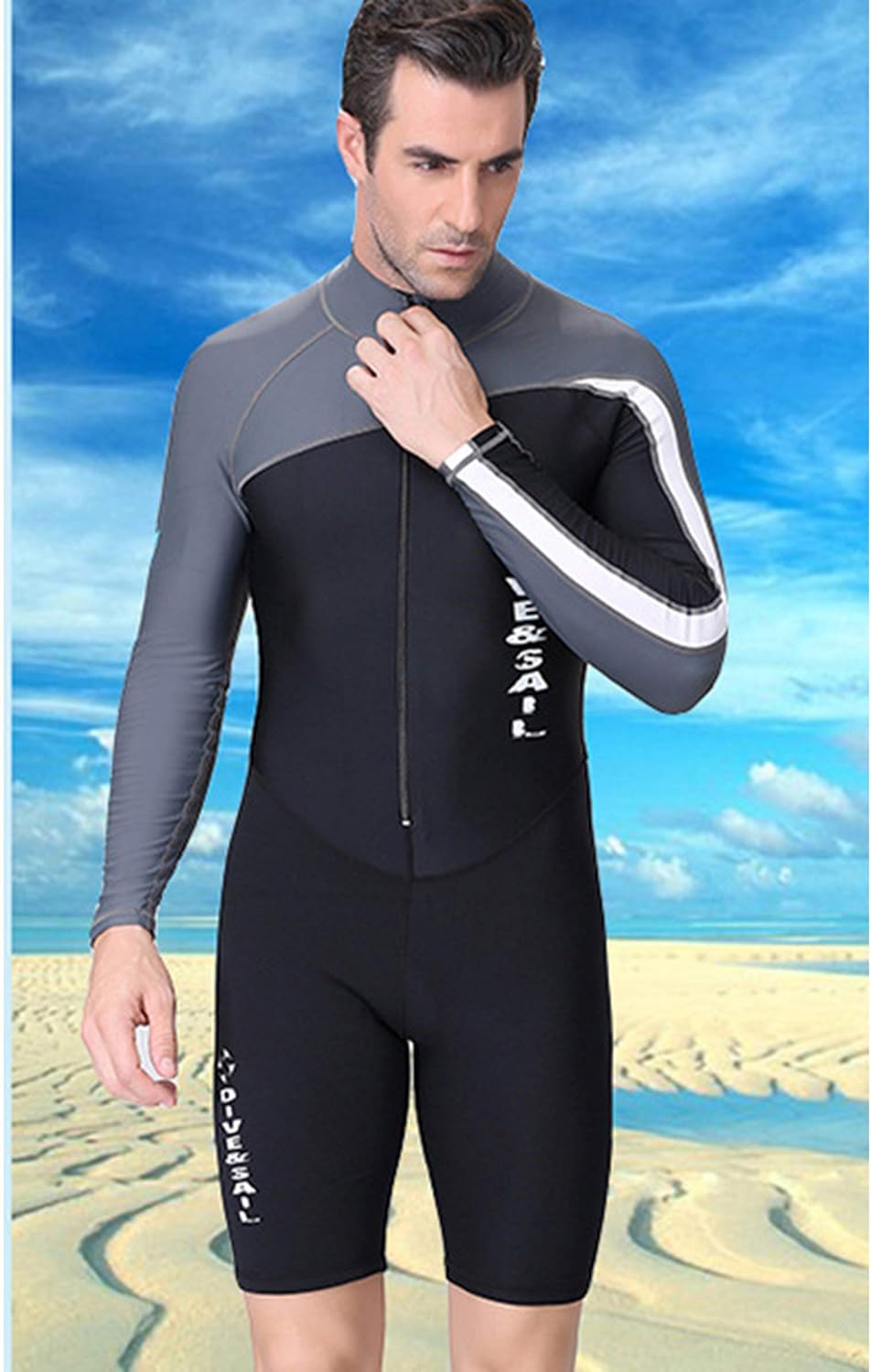 DIVE & SAIL Men 1.5mm One Piece Shorty Wetsuit UV Protection Long Sleeve Rash Guard for Diving Snorkeling Swimming