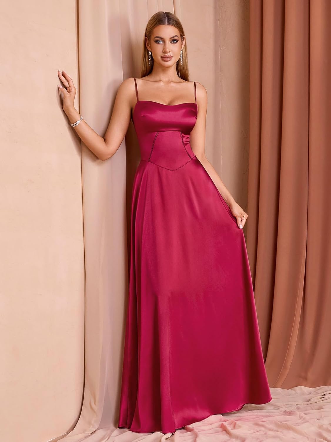 KUTUMAI Satin Maxi Dress Spaghetti Strap Lace Up Long Formal Dresses for Women Wedding Guest Cocktail Evening Prom - Image 4