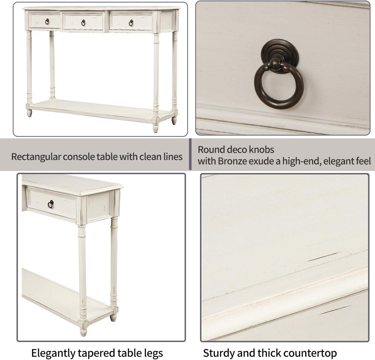 Merax Console Sofa Table 3 Drawers and Long Shelf for Living Room, Entryway/Hallway, Sideboard, Antique, Rustic White