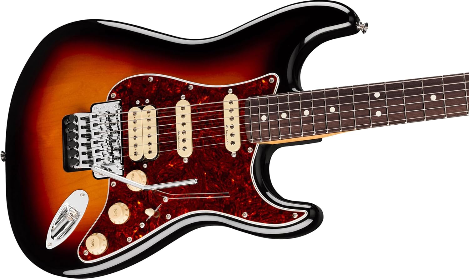 Close-up of the Fender Player II Modified Stratocaster HSS Floyd Rose body and bridge