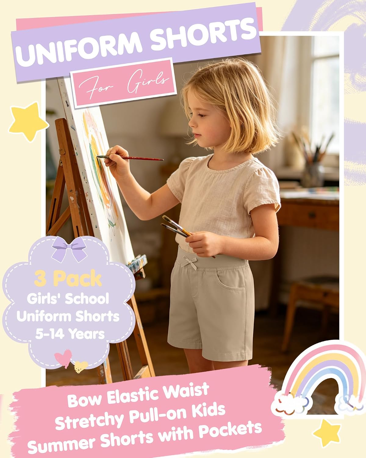 3 Pack Girls' Shorts Bow Elastic Waist Uniform Shorts Kids Summer School Clothes with Pockets for Aged 5-14 Years