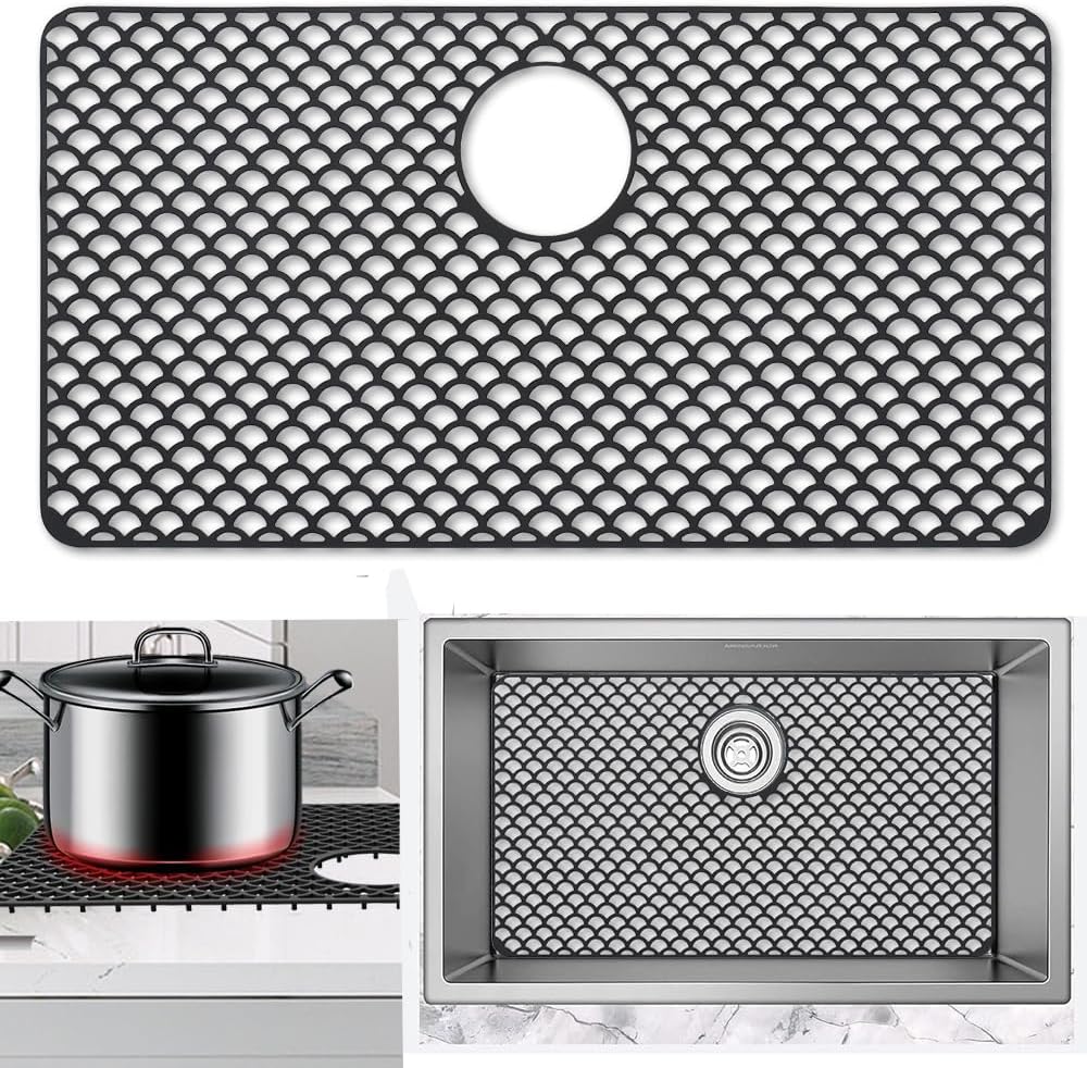 Sink Protectors for Kitchen, Silicone Large Mat with Rear Drain Hole- 28.34''×14.96'' Non-Slip Kitchen Protectors for Farmhouse Stainless Steel Porcelain Sink-Black,72x38CM