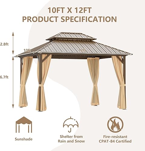 Miniatura 7 de Cenador permanente de 10 x 12 pies, toldo de pérgola de pabellón de doble techo de acero galvanizado para exteriores, con marco de aluminio y