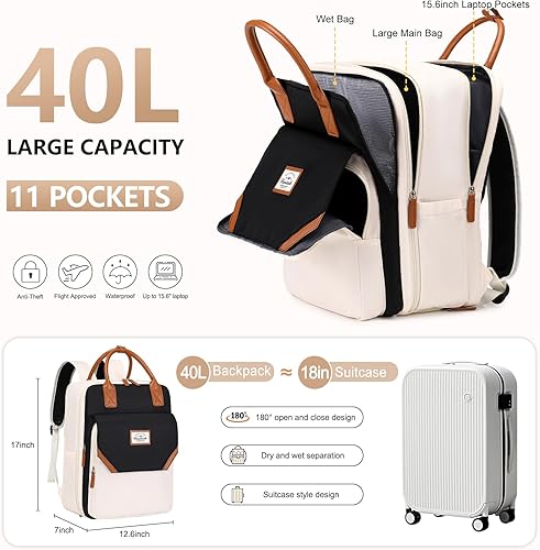 Miniatura 2 de Mochila de viaje grande para mujer, 40L, mochila de equipaje personal, mochila casual, negro, beige (Black-Beige), Mochilas de viaje