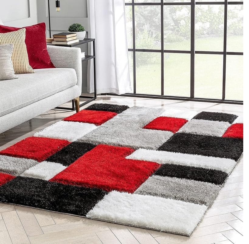 Image of RUG ERA Shaggy Carpet for Living Room 4X6 FEET Fluffy Rug for Bedroom Floor Modern Non-Slip Floor Mat & Galicha for Home Decor | Cozy Area Carpet (Red-Black-Silver)