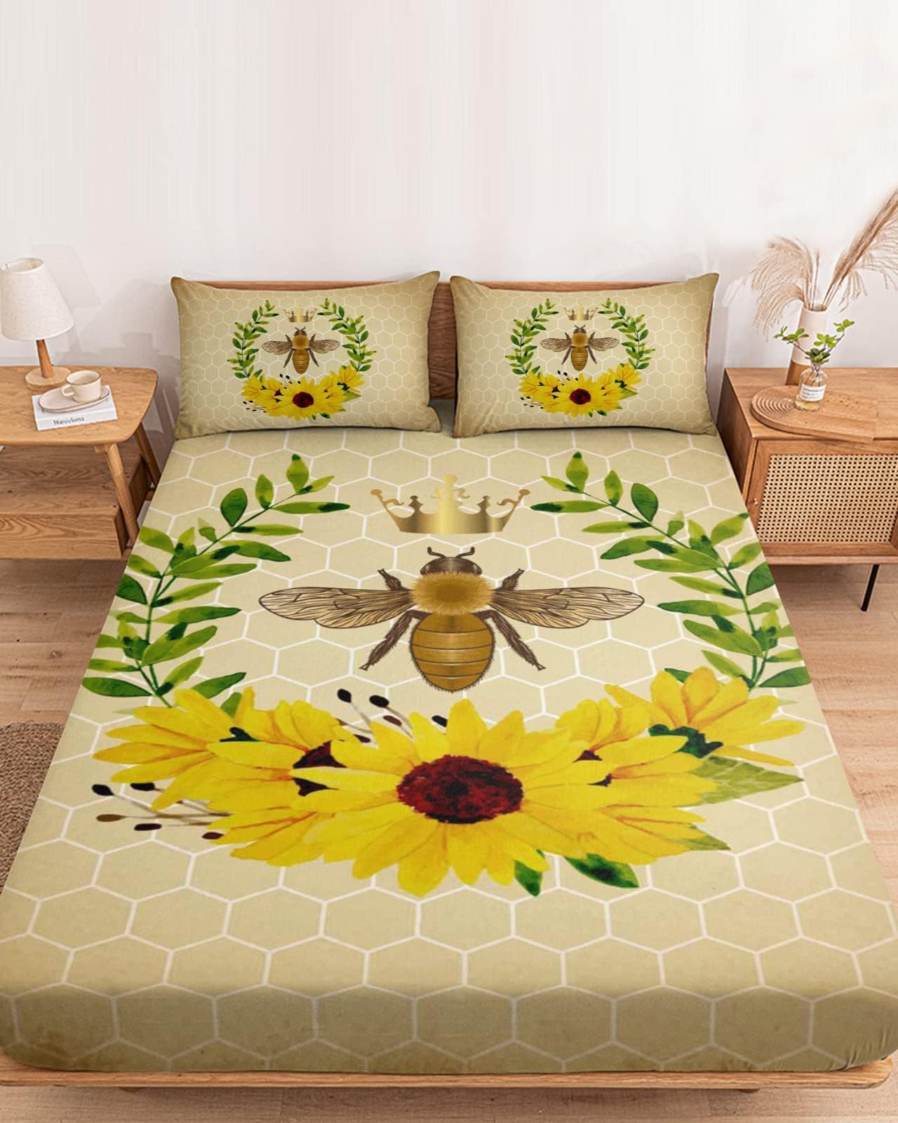 Fitted Bed Sheet Set for King Size Fits Mattress Upto 16Inch, Vintage Farm Bee Sunflowers Soft Microfiber Deep Pocket Bedsheet with 2 Pillow Shams Honeycomb Old Kraft Paper