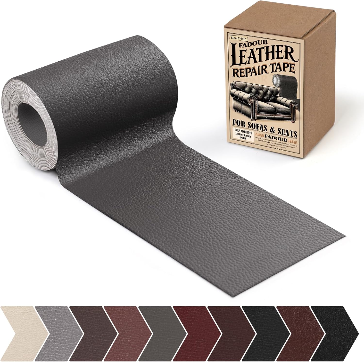 fadoub leather repair patch, 3 x 60in self adhesive leather repair tape kit for furniture, couch, sofa, office, car seats, car interior, vinyl repair kit (dark gray) dark gray litchi grain