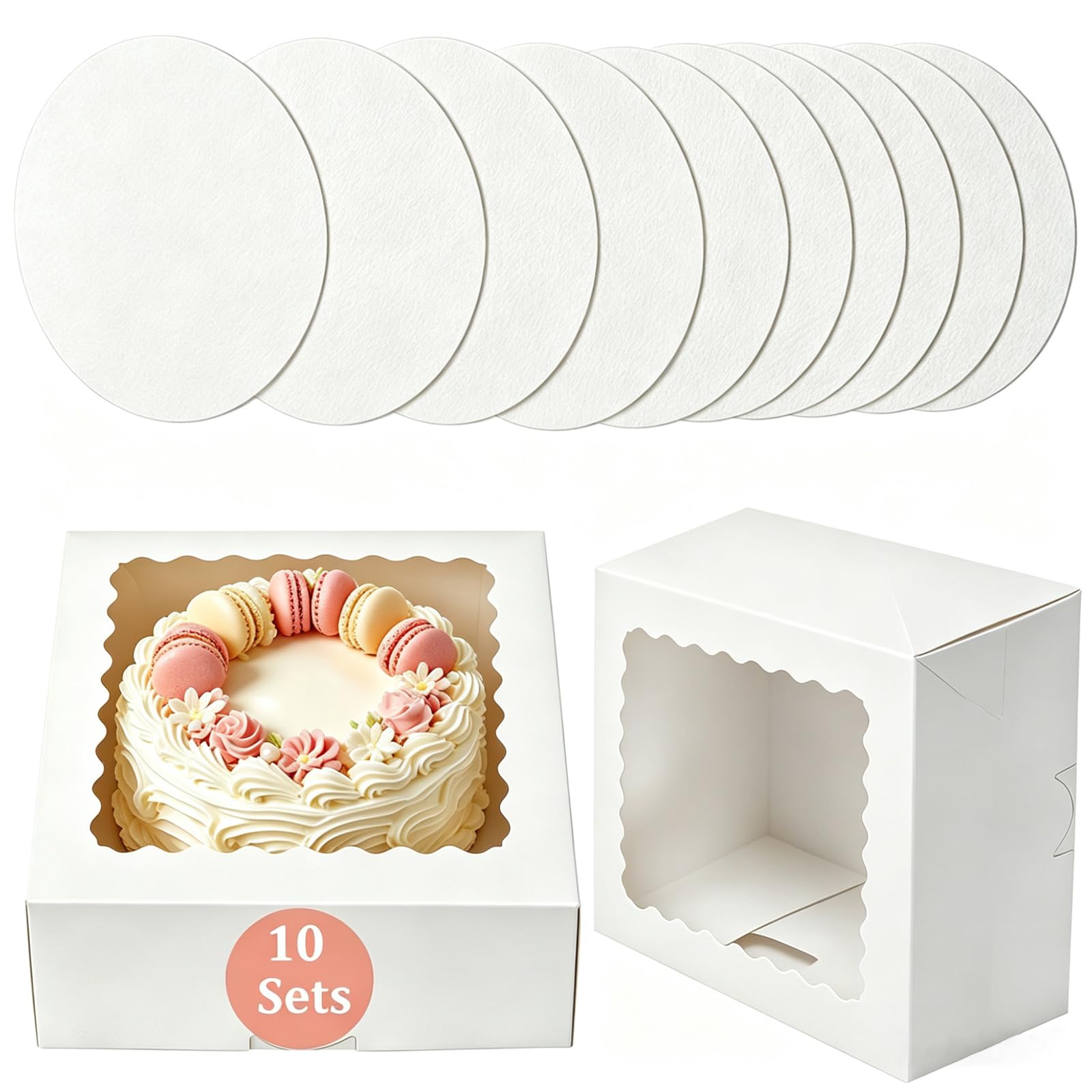 CUESVAP 8×8×5in Cake Boxes with Boards, Auto-pop up Cake Containers with Clear Window, 10 Sets White Bakery Box for Cake Storage, Birthday Parties & Gift Packaging, Includes 10 Round Cake Boards