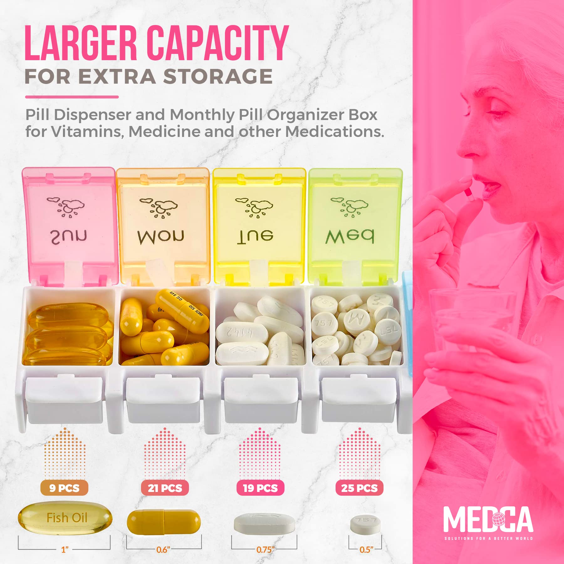 Organizer per pillole 7 giorni AM PM - con Apertura Assistita a Spinta un portapillole da viaggio giornaliero e grandi scomparti per farmaci vitamine vitamine olio di pesce e integratori, BPA Free