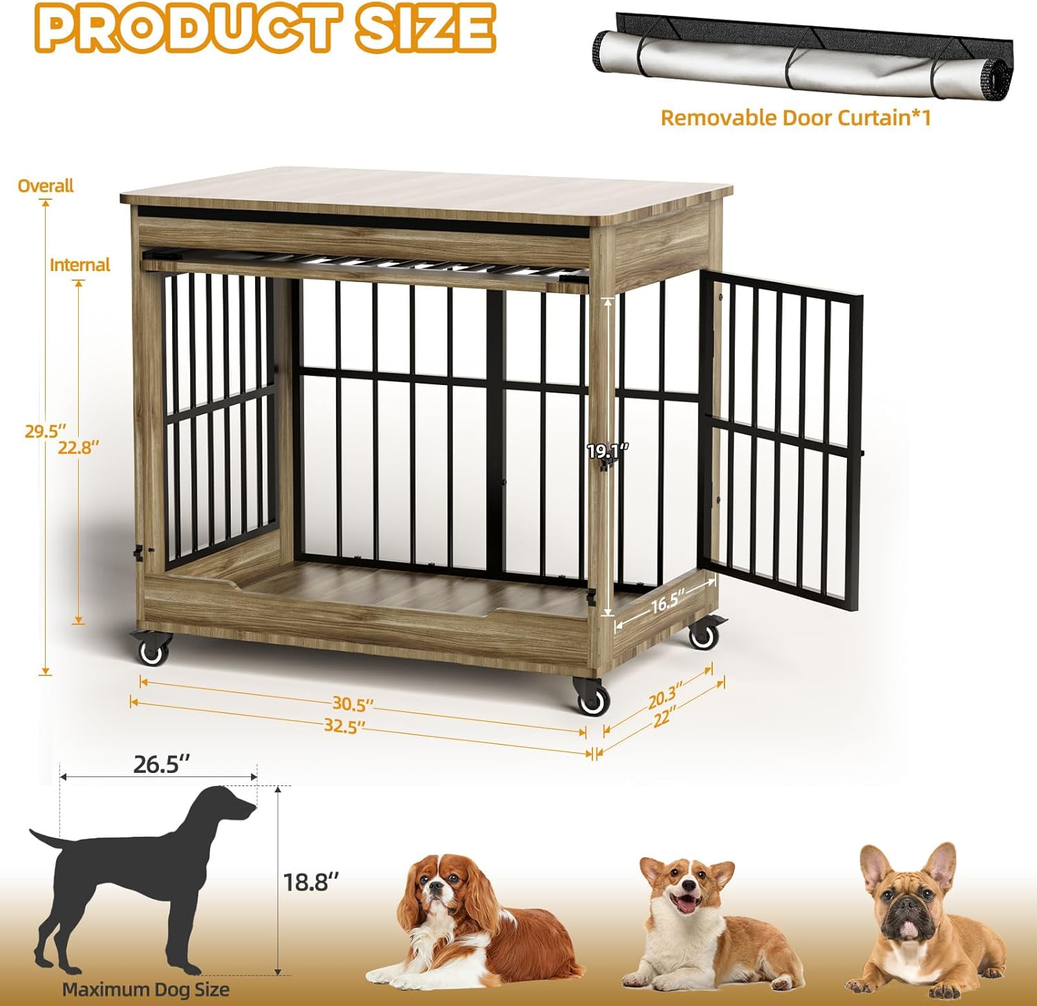 32" Dog Crate Furniture, Double Door Wooden Indoor Dog Kennel Furniture, Decorative Pet Cage End Table with Wheels for Medium and Small Breed Dogs, Size M, Greige