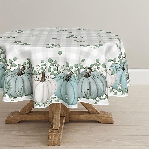 Horaldaily Fall Tablecloth 70x70 Inch Round, Thanksgiving Autumn Harvest Blue Pumpkin Buffalo Plaid Table Cover for Party Picnic Dinner Decor