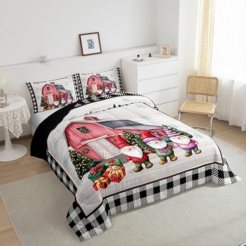 Miniatura 3 de Juego de edredón de gnomos de Navidad, rústico, casa roja, juegos de ropa de cama de Navidad, edredón a cuadros negros y blancos para niños,