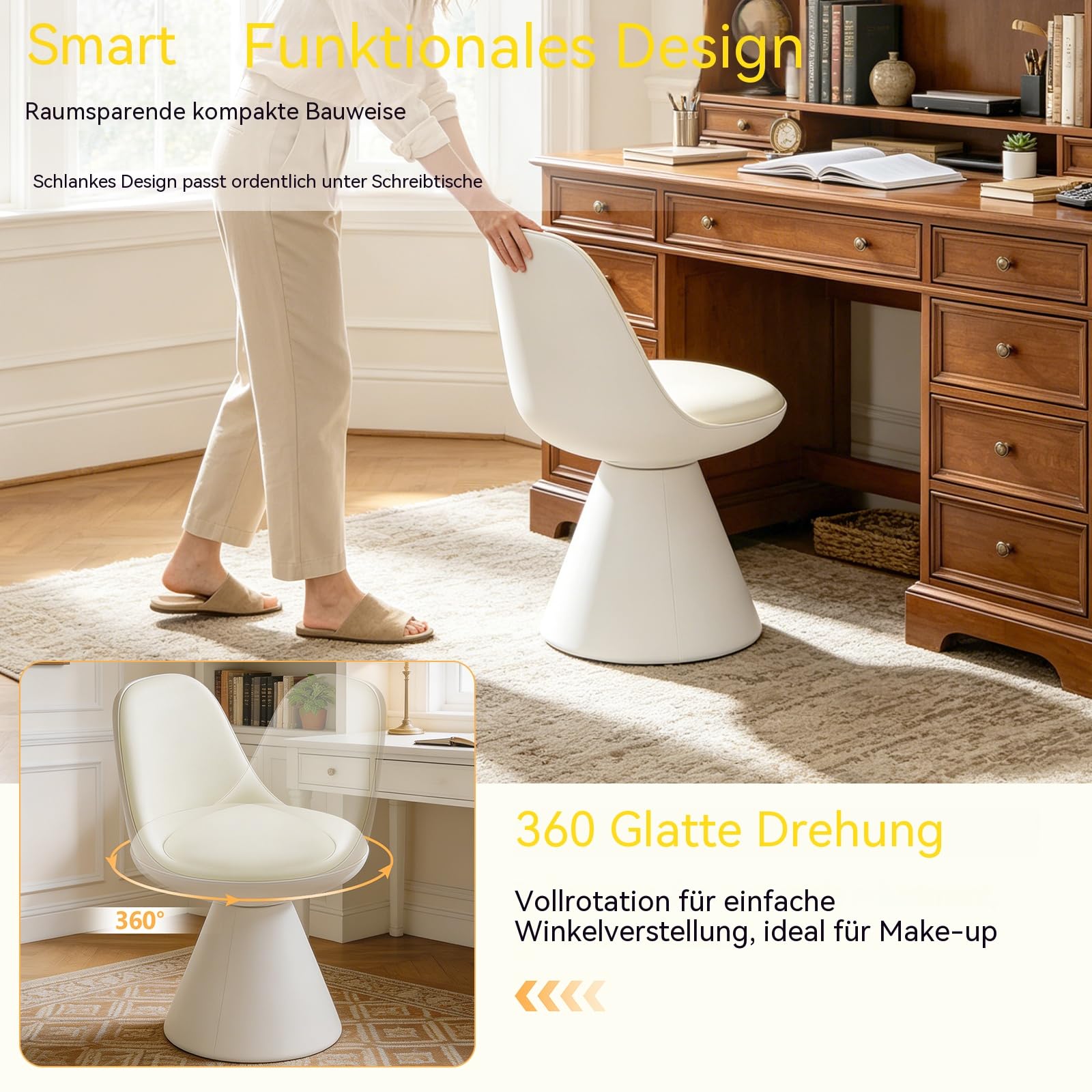 360° Drehbarer Schminkstuhl, Armlehnenfreier Schminkhocker, Esszimmerstuhl Mit Konischem Sockel-Design, Sitzfläche Aus PU-Leder, Geeignet Für Schminktisch, Schlafzimmer und Wohnzimmer