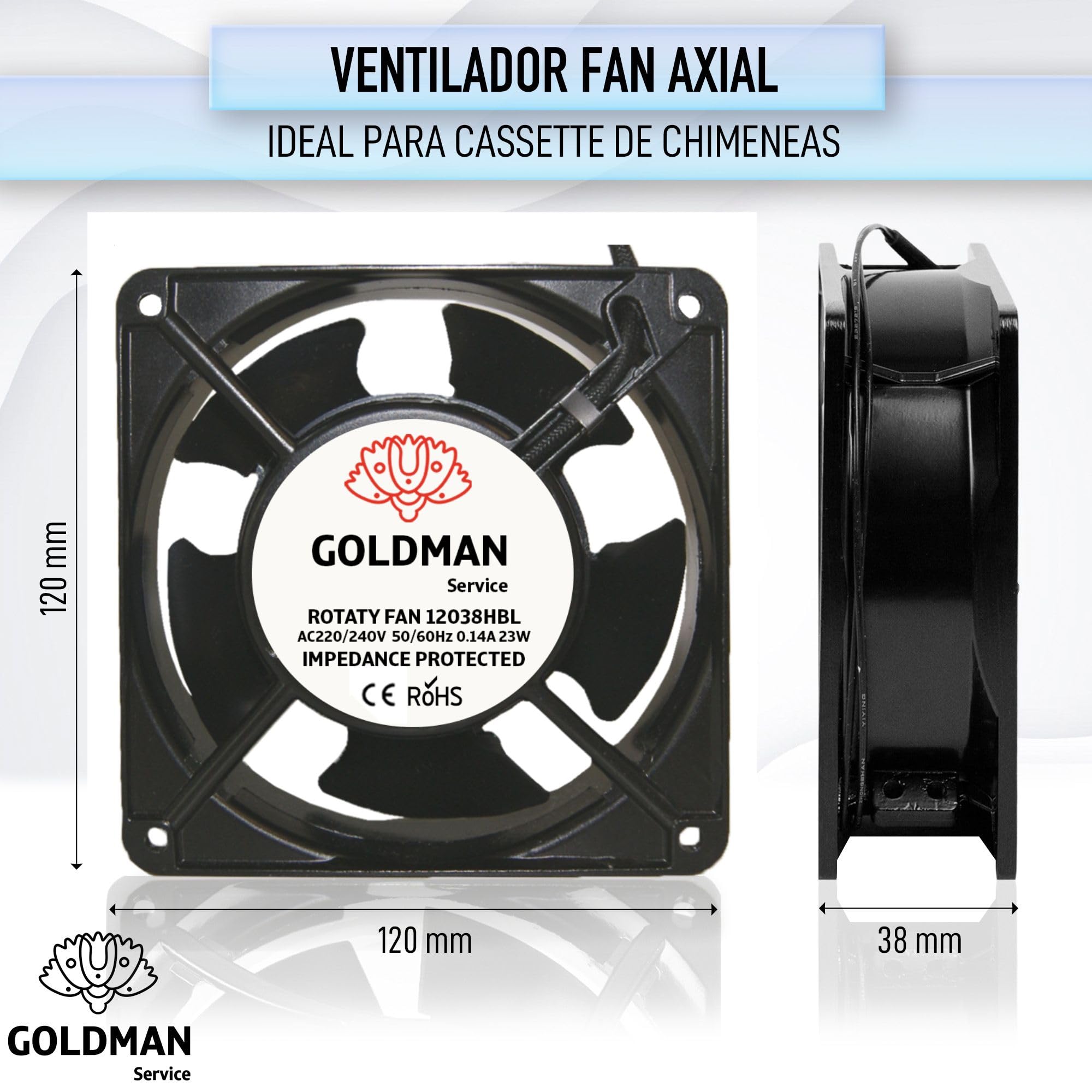 GOLDMAN SERVICE | Ventilador Axial de Alta Temperatura con Rejilla y Filtro para Casette de Chimeneas Insertables | Silencioso con Potentes Aspas Metálicas | Medidas: 120x120x38 mm (23W)