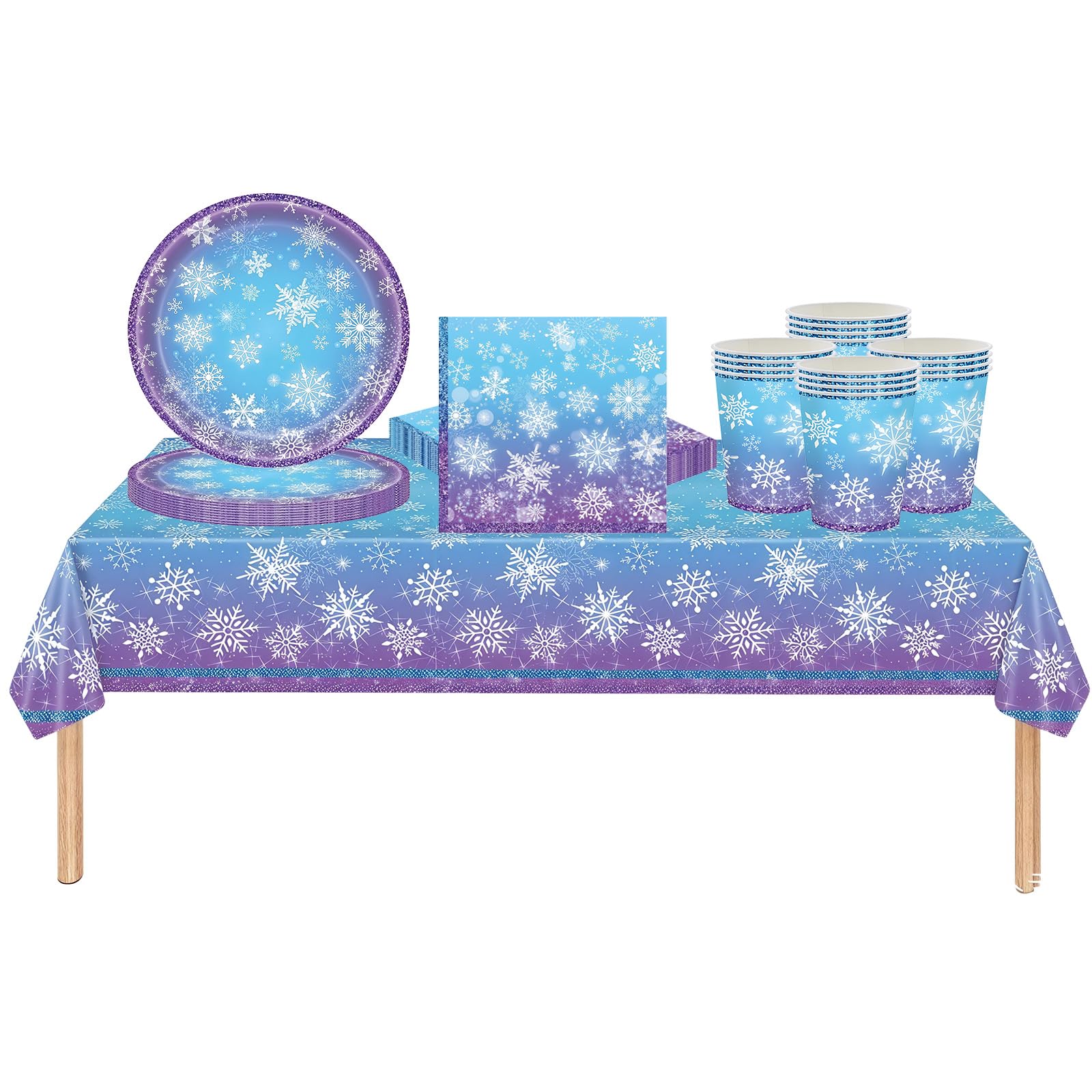 53Pcs Christmas Party Tableware Set for Table Decor,Blue Christmas Snow 137x274cm Large Plastic Tablecloth Blue Xmas Winter Party Paper Plates Cups Napkins Dinnerware Set for Xmas Favor Tableware — image 1